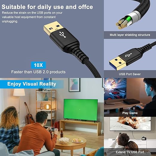 USB Extension Cable 10FT, 2 Pack High Speed USB3.0 Extension Cord Type A Male to Female USB Extender Cable 5Gbps Fast Data Transfer Extender Cord for Keyboard,Webcam,Flash Drive,Printer,Camera,Headset
