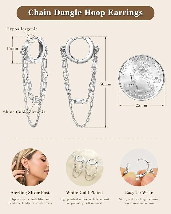 Tassel Chain Small Gold Hoop Dangle Earring For Women Huggie Earring Heart Star CZ 14K Gold Plated Fashion Jewelry Friendship Gift