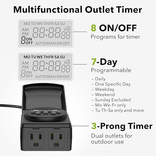 BN-LINK 7 Day Outdoor Heavy Duty Digital Programmable Timer, Outdoor Timer Outlet Waterproof, 2 Grounded Electrical Outlets for Christmas Lights, ETL Listed（2 Pack）