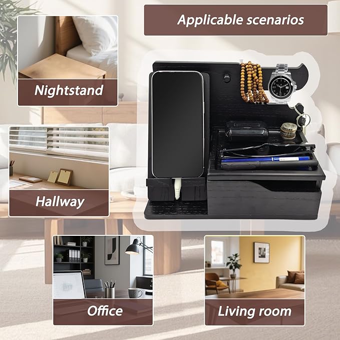 3-in-1 Wood Phone Docking Station Organizer with Drawer & Hidden Charging Hole for Phone, Keys, Glasses & Accessories, for Men (Black, 01)