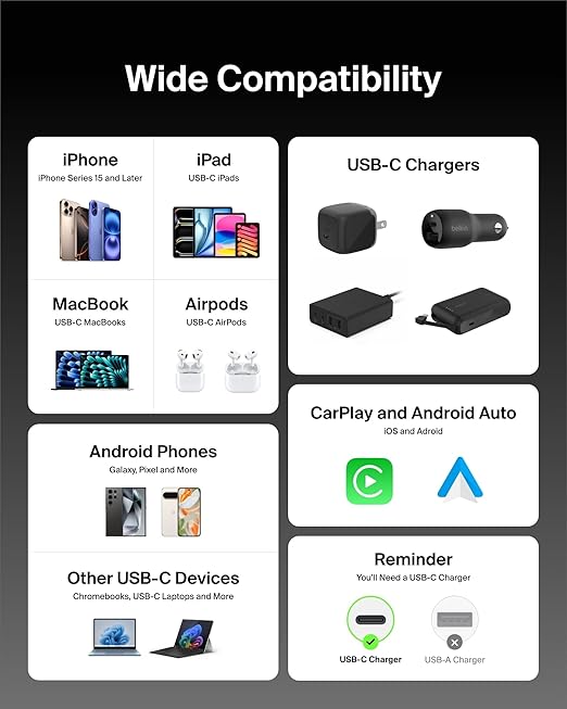 Belkin USB C to USB C Cable, 6.6ft, 60W - Type C Charger, iPhone Charger Cord, Soft, Braided, Flexible for iPhone 16, Galaxy S25, Pixel 9, Airpods, iPad Pro, Tablet & More, Travel Essentials - Black