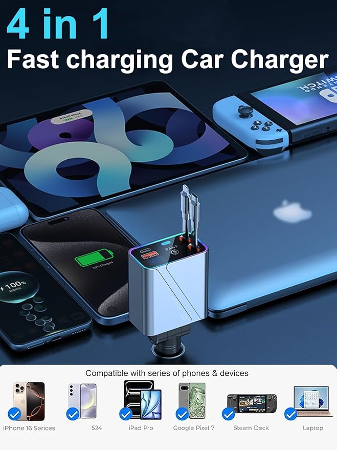 4 in 1 Retractable USB C Car Charger Adapter - 146W/65W Fast Charging, 35.43in Cord, Gift for Men & Women, Compatible with iPhone 16/15/14/13/12 & Android