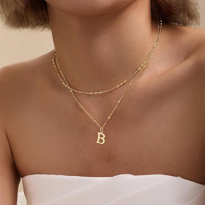 Initial Necklaces for Women, Dainty 14K Gold Plated Layered A-Z Letter Pendant Necklace Trendy Cute Choker Name Charm Necklace Stack Personalized Jewelry Gift for Her Birthday Christmas Gift