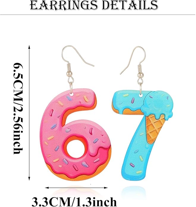 Trendy 67 Earrings Six Seven Ice Cream Statement Earrings Basketball Soccer Baseball Team Number Dangle Ear Drop Jewelry Gift for Women