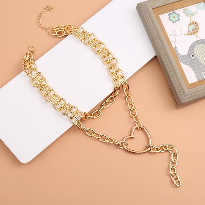 Chunky Layered Big Heart Gold Y Necklaces for Women, Statement Thick Silver Cuban Chain Trendy Bold Choker Necklaces Punk Valentine Bar Jewelry Gifts