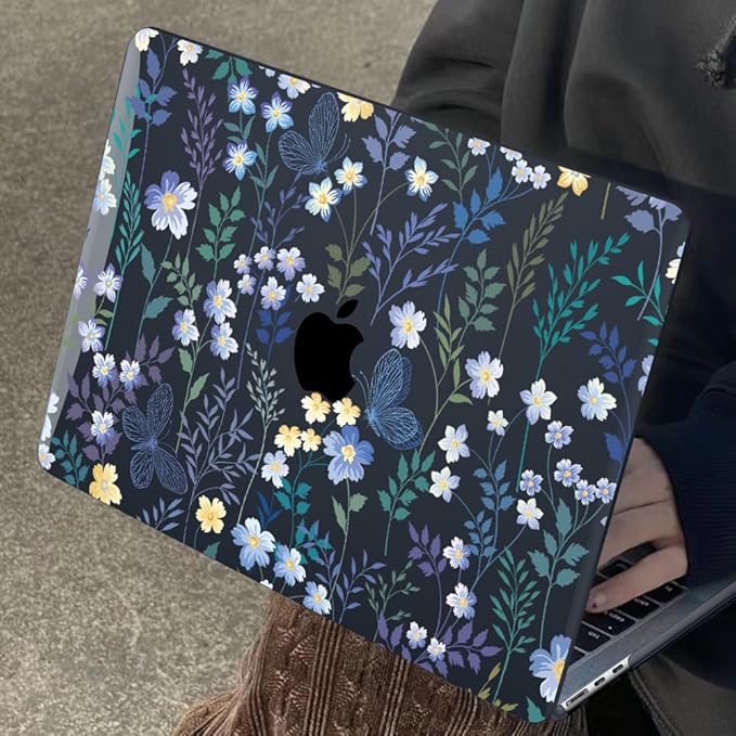 for M1 MacBook Air 13 Inch Case 2021 2020 2019 2018 Release M1 A2337 A2179 A1932 Cover with Retina Display & Touch ID, Printed Pattern Plastic Hard Shell Case, Meadow Wildflower Black