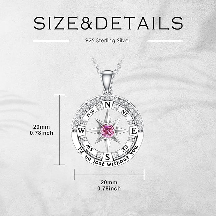 Compass Birthstone Necklace Gift for 2025 Graduation 925 Sterling Silver Compass ‘I'd be Lost Without You’ Pendant Necklaces Jewelry for Women Her Wife Gift for Birthday Anniversary