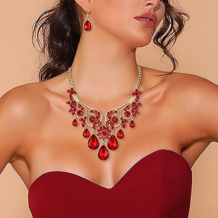 BriLove Women's Tribal Ethnic Crystal Chunky Statement Necklace Dangle Earrings Set