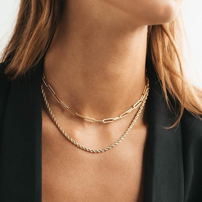 CHESKY Layered Necklaces for Women, 14K Gold Plated Chain Necklace Women Trendy Cuban Link Paperclip Chain Toggle Clasp Necklace Fashion Chunky Jewelry for Women
