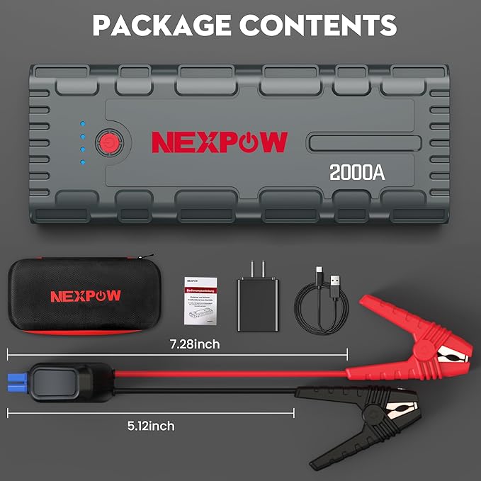NEXPOW 2000A Peak Car Battery Jump Starter with USB Quick Charge 3.0 (Up to 7.0L Gas or 6.5L Diesel Engine), 12V Portable Jump Box, Battery Booster with Built-in LED Light, Jumper Cables