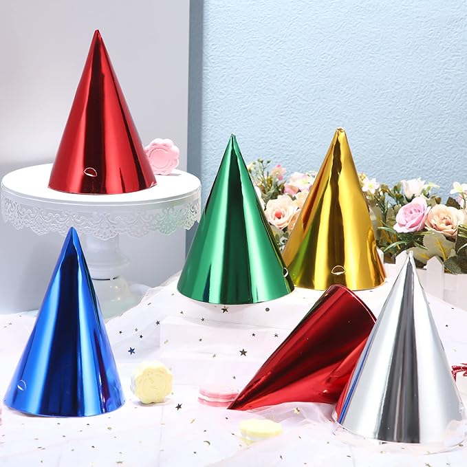 Geosar 300 Pcs Birthday Party Hats Bulk Cone Metallic Foil Paper for Adults Kids Boys girls