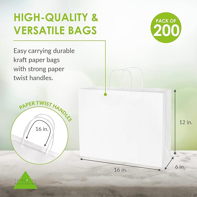 Prime Line Packaging White Gift Bags, Large Paper Bags with Handles for Small Business, Shopping, Boutique, Retail, Party Favors, Bulk, 16x6x12, 200 Pack