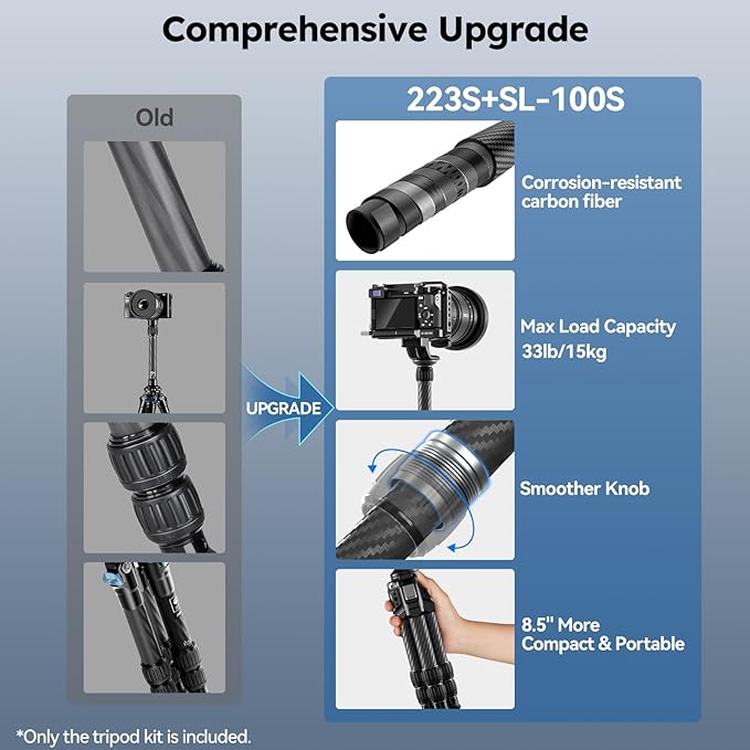 SIRUI Mini Carbon Fiber Tripod with Extendable Center Column, Max Height 26", Supports 33lbs - Ultra-Light 1.7lbs for Desk & Travel, New Anti-Corrosion Carbon Fiber(AM-223S+SL-100S)