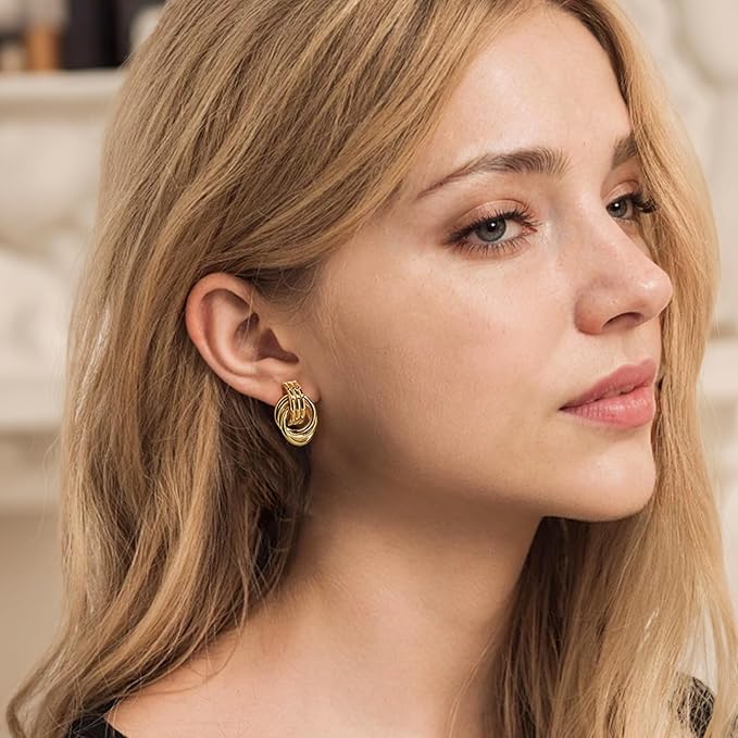 Gold Plated Chunky Gold Earrings for WomenKnot Link Circle Statement Drop Dangle Earrings Studs Trendy Jewelry