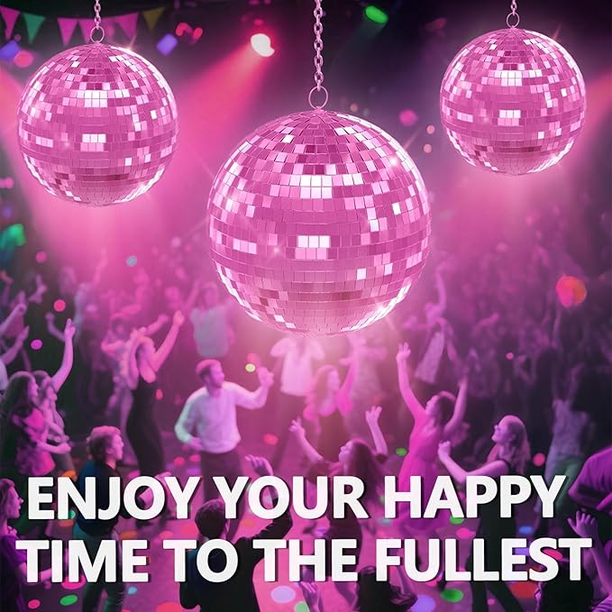 Mirror Disco Ball with Hanging Ring | 12"/16"/20" Mirror Disco Ball for DJ Club,Party,Wedding,Home Decor | Shiny,Easy Installation | with Hanging Ring | Golden, Pink 12Inch Pink