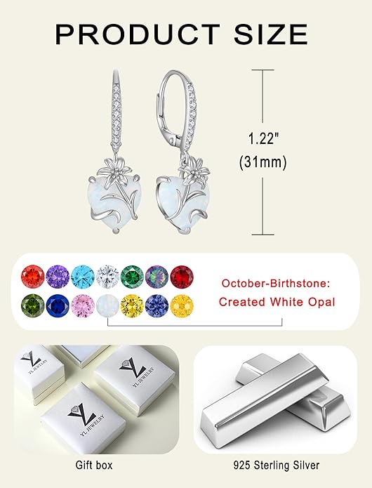 YL Heart Dangle Earrings for Women Sterling Silver Lily Flower Leverback Earrings Created Opal Flower Jewelry