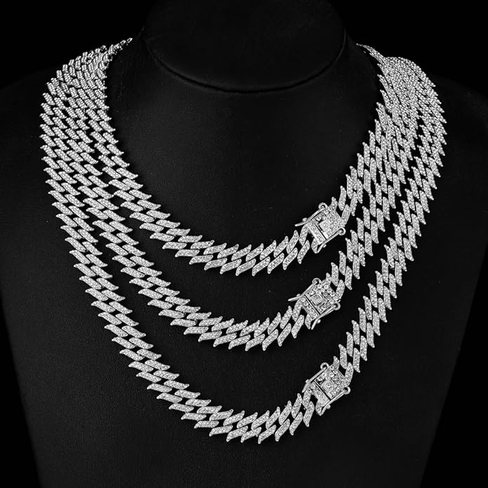 HH BLING EMPIRE 14k Gold/Silver Cuban Link Chain for Women Iced Out Diamond Chunky Cuban Link Necklace Chain Bracelet 2pcs Sets