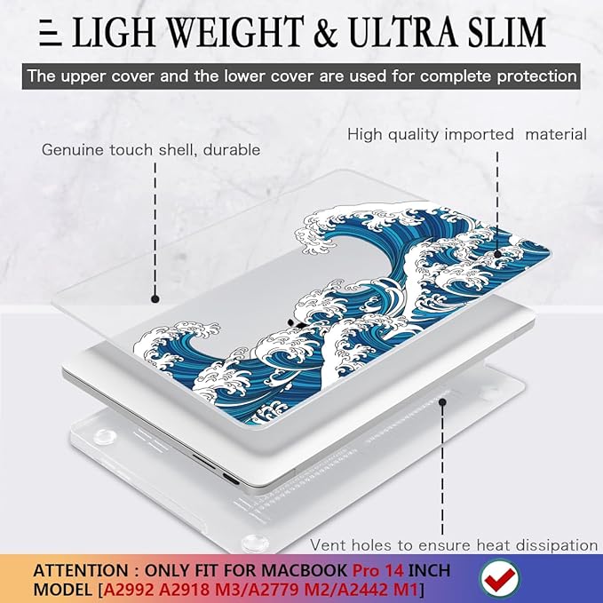 CISSOOK Ocean Case for MacBook Pro 14 inch 2021 2022 2023 2024 Release Model A2442 M1 &A2779 M2 &A2992 A2918 M3 & A3112 A3185 A3401 M4 Pro/Max Chip, Wave Hard Shell for Pro 14-inch with Touch ID