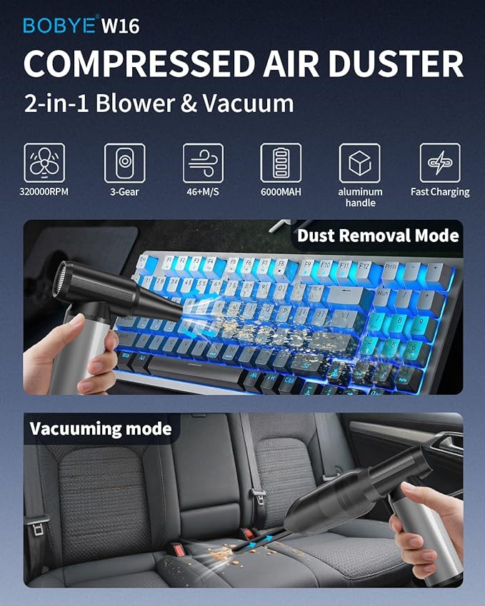 BOBYE Electric Compressed Air Duster & Keyboard Cleaner, 2-in-1 Blower & Vacuum with 180W Brushless Motor, 6000mAh Battery, 3-Gear Adjustable for Computers, Cars, Furniture, and Outdoor Cleaning