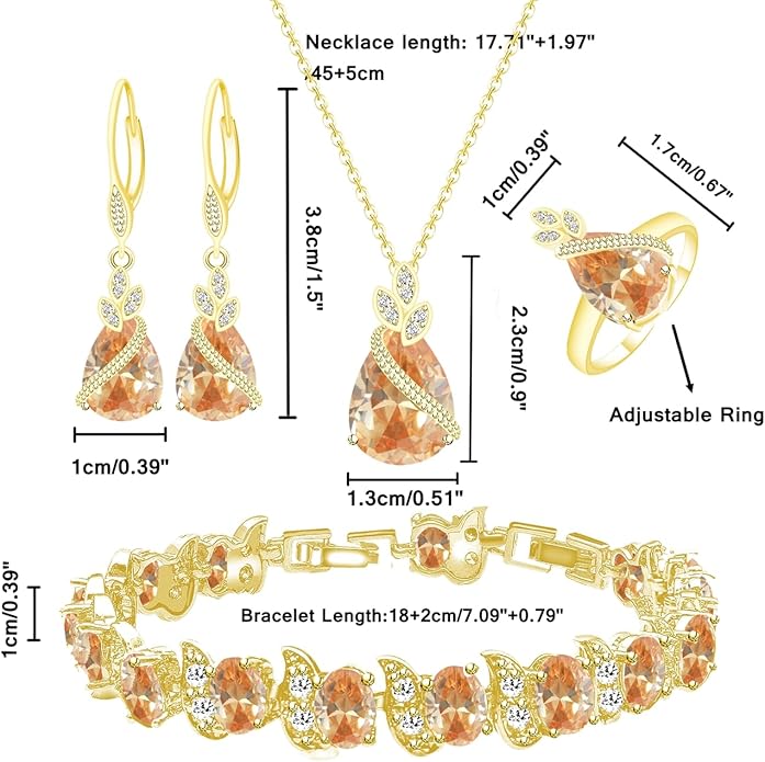 LMXXVJ Jewelry Set for Women,Teardrop Cubic Zirconia Necklace Earrings Adjustable Ring Bracelet Jewelry Set Formal Jewelry Gift