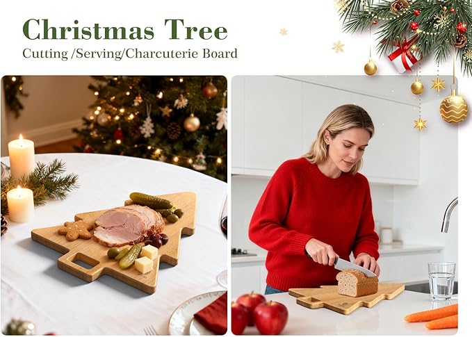 Acacia Wood Christmas Tree Cutting Board 15x12 Inch Charcuterie Board with Handle, Xmas Cheese Appetizer Tray, Wooden Decorative Serving Platter for Holiday Kitchen Party
