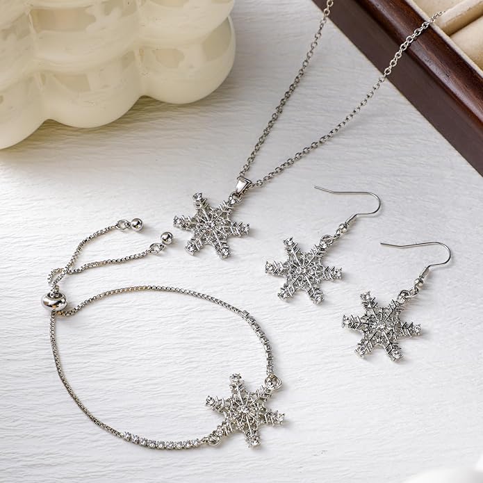 Bucherry 3 Pcs Heart Jewelry Set Bow Snowflake Jewelry Heart Pendant Chain Toggle Necklace with Bracelet Earrings Snowflake Stainless Steel Link Chain for Women Gift