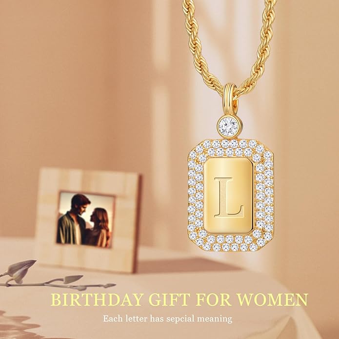Gold Initial Necklaces for Women, Letter Necklace for Her Birthday Yellow Gold Initial Pendant Necklace with Rope Chain, Women Jewelry Gifts for Her Wife Girlfriend