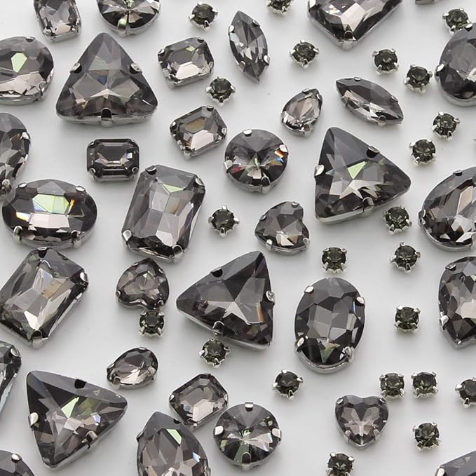TANOSII Sew on Rhinestones 100 PCS Mixed Shapes Glass Rhinestones Sew on Crystal Gems Mental Flatback with Silver Claw for Jewelry Crafts Clothes Shoes Costume Garment Gray