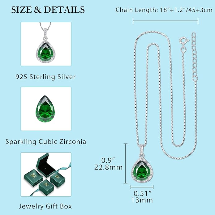 FJ Teardrop Jewelry Set for Women 925 Sterling Silver Emerald Necklace and Earrings Set Pear Cut May Birthstone Jewelry Gifts