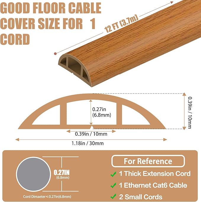 Floor Cord Covers for Wires 12FT Cable Hider Wire Cover Self Adhesive Cord Hider Floor for Offices, Homes, Workshops, Warehouses Cable Cavity 0.39" W x 0.27" H