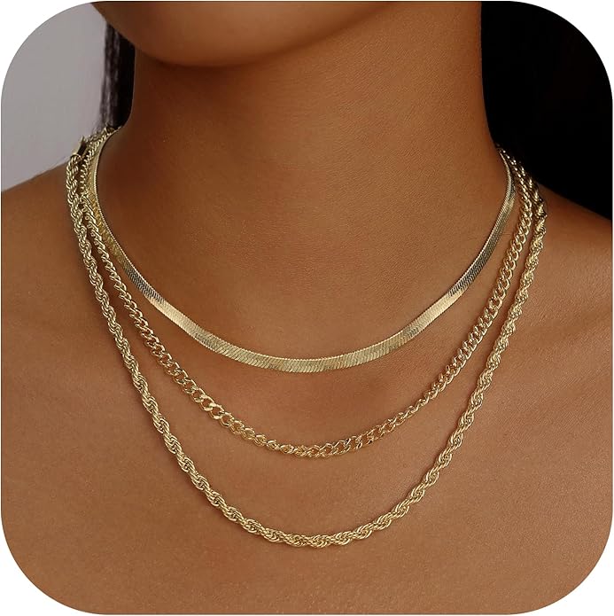 Evabelle Gold Layered Necklace for Women Trendy Jewelry 14K Real Gold Plated Chunky Chain Stackable Necklaces Dainty Choker Necklaces Rectangle Square Pendant