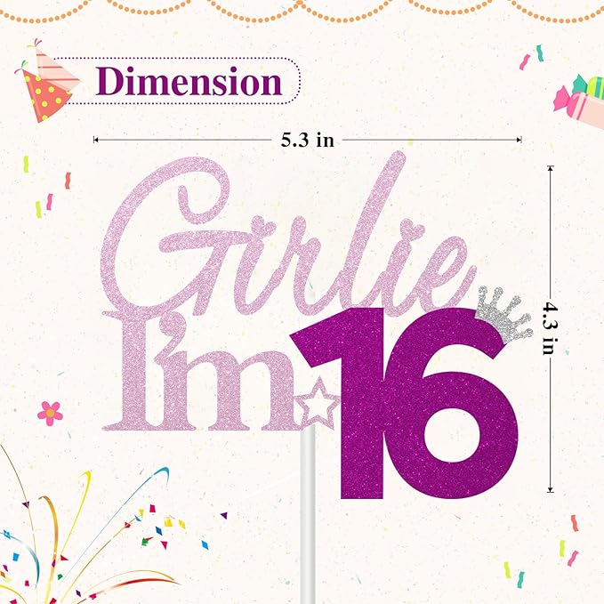 Girlie I'm 16 Cake Topper, 16th Birthday Decorations for Girl, Glitter Funny 16th Birthday Cake Topper, Girlie 16 Year Old Birthday Party Decoration Supplies