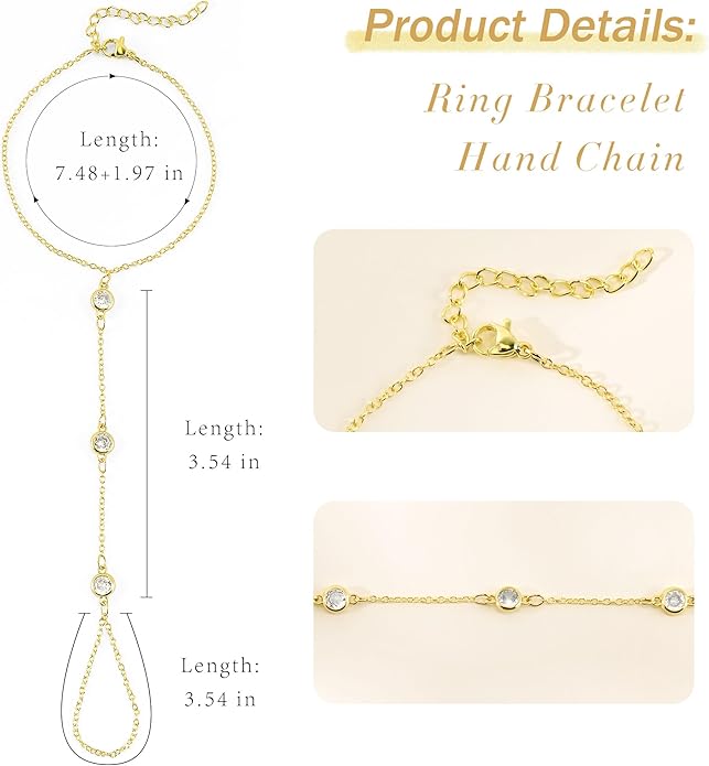 Hand Chain Bracelet, Adjustable Hand Jewelry Chain Bracelet with Ring, Trendy Gold Handchains Jewelry