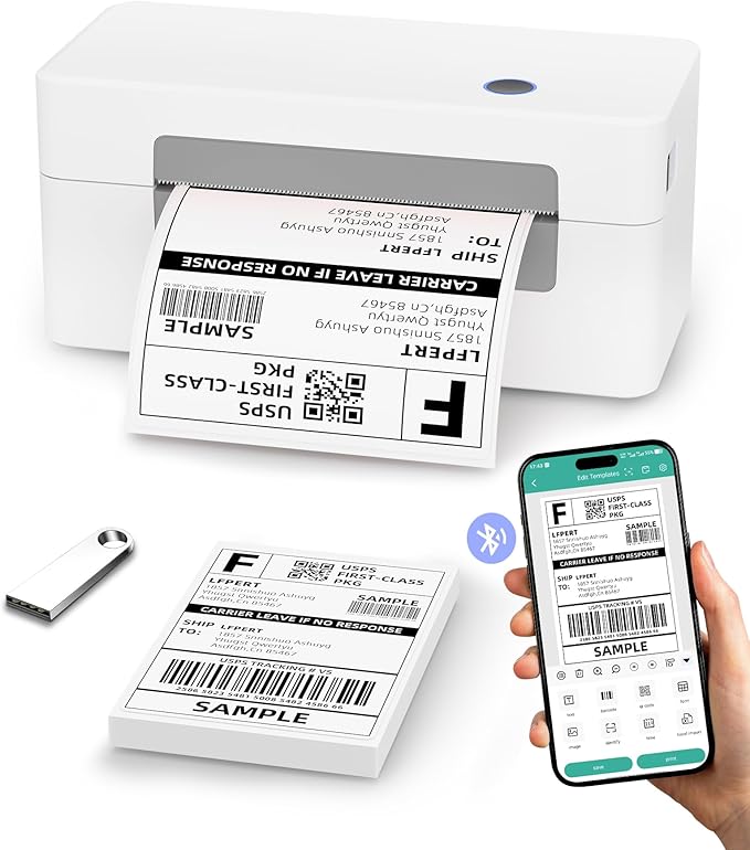Bluetooth Thermal Label Printer, Wireless 4x6 Shipping Label Printer for Small Business & Shipping Package Compatible with Android, iOS, Windows & Mac, Used for Amazon, Ebay, Shopify, USPS Etc