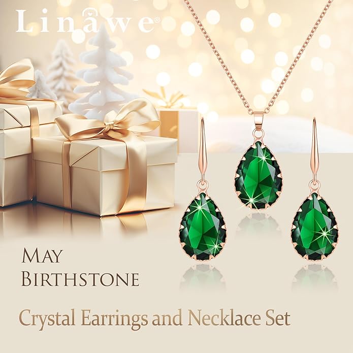 Linawe Crystal Jewelry Sets for Women, Imitation Diamond Pendant Necklace, Rhinestone Drop Dangle Earrings, Birthstone Cubic Zirconia Matching Wedding Jewelry, 14K Gold/Rose Gold/Silver Tones