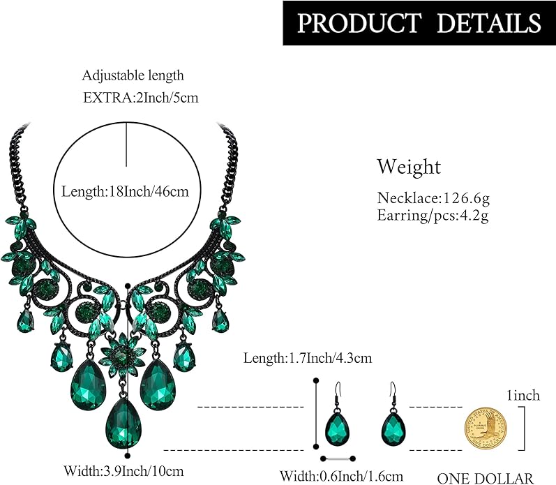 BriLove Women's Tribal Ethnic Crystal Chunky Statement Necklace Dangle Earrings Set