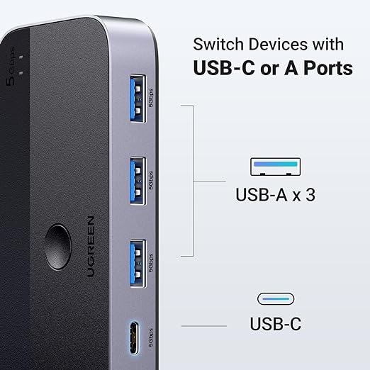 UGREEN USB 3.0 Switch 2 Computers Sharing USB C & A Devices, 4 Port USB Switcher Sharing Keyboard and Mouse, Printer/Scanner USB Switch Hub for Two Computers with 2 USB3.0 Cables and Controller