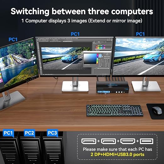 4K144Hz HDMI + 2 Displayport KVM Switch 3 Monitors 3 Computers 8K USB 3.0 KVM Switches Triple Monitor for 3 Computer Share 3 Screens and 4 USB 3.0 Ports Support Extended/Copy Mode