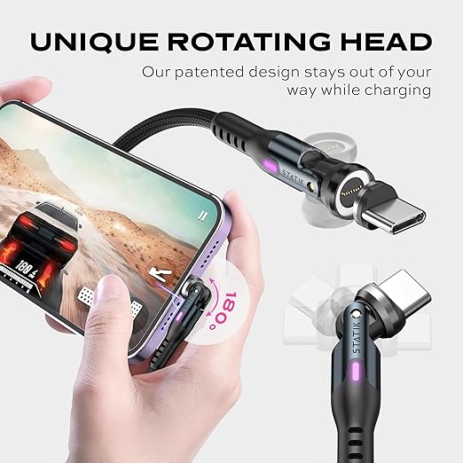 Statik 360 Pro Magnetic Charging Cable - Type C Charger Fast Charging 3 in 1 USB C to USB C Cable, Micro USB & iProduct Tips, USB A Adapter, Fits All Devices - 100W Fast Charger, Black 10FT/3M