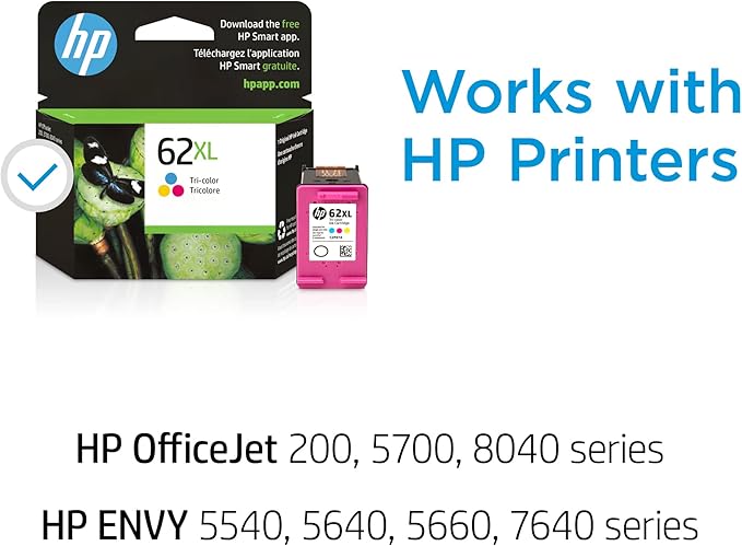 HP 62XL Tri-color High-yield Ink Cartridge | Works with Printer Series: ENVY 5540, 5640, 5660, 7640; OfficeJet 5740, 8040; OfficeJet Mobile 200, 250 | Eligible for Instant Ink | C2P07AN