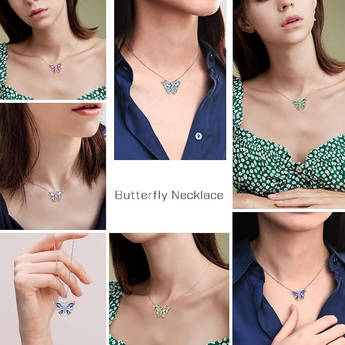 925 Sterling Silver Birthstone Butterfly Jewelry Women Crystal Animal Cute Butterflies Birthday Necklace/Earring/Ring/Bracelet Sets Birth Stone Statement Anniversary Jewellery