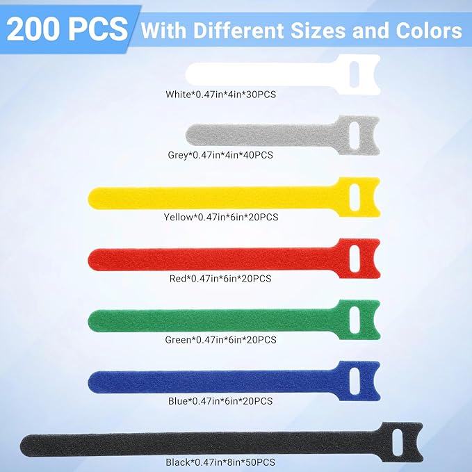 200 PCS Cable Ties Reusable 4+6+8inch Multi-Colour Cord Organizer for Cable Management Multi-Purpose Cable Straps Wire Ties Cable Management for Home Office Computer Data Centers Electronics,7 Colors
