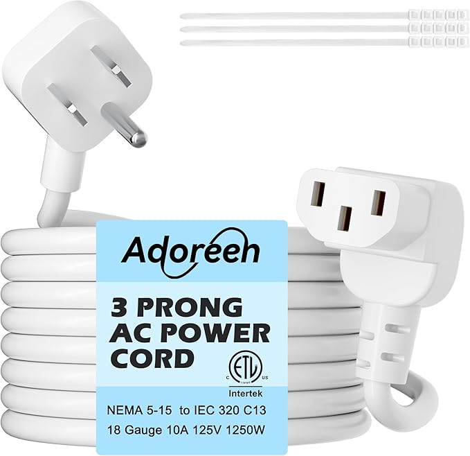 Adoreen 20 Ft Computer TV Replacement Power Cord White, Low Profile Flat Plug to 90 Degree Angled L-Shaped 18AWG 3-Prong AC Universal Power Supply Cable for Printer, PC, Monitor TV LCD, ETL+Ties