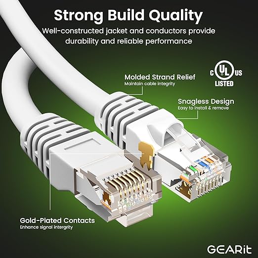 GEARit Cat 6 Ethernet Cable (24-Pack 7 Feet) Cat6 Network Patch, 10Gbps, RJ45, Snagless Cord, Gold-Plated Connectors, Internet for PC, TV, Tablet, Router, Printer, Servers, IT Data Center - White
