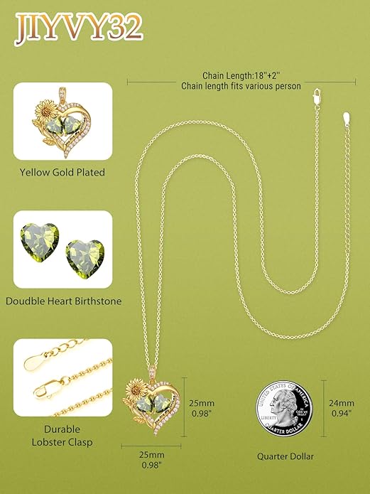 Sunflower Heart Necklace for Women 14K Gold Exquisite Valentines Day Anniversary Birthday Gifts for Wife Mother Her Double Birthstone Pendant Jewelry‘You Are My Sunshine’