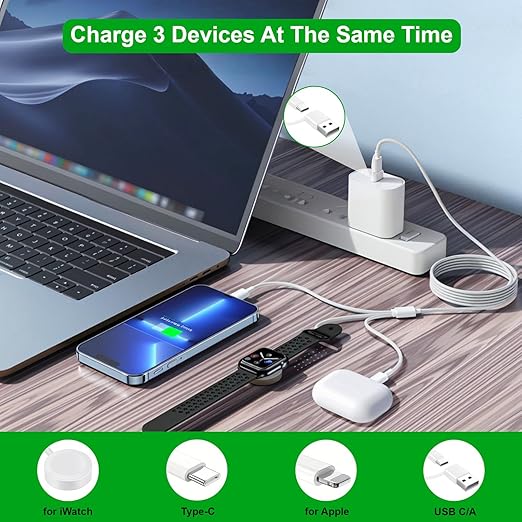 Upgraded 3 in 2 USB C Cable for Apple Watch Charger (4FT/1.2M) Travel USBC Multi Fast Charging Cord Compatible with iWatch Ultra 2/SE 2/10/9/8/7-1, iPhone 16 Pro Max Plus/15/14/13/12/11, iPad, AirPods