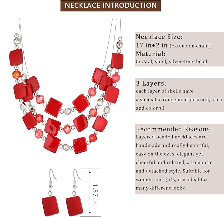 Layered Beaded Statement Necklaces for Women Square Shell Bead Collar Necklace and Earring Set Birthday Gifts Boho Jewelry Sets for Women