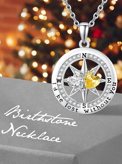 Compass Necklace for Women, Exquisite S925 Valentines Day Anniversary Birthday Gifts for Wife Her Double Birthstone Pendant Jewelry ‘I'd be Lost Without You’