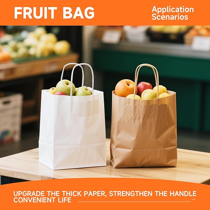 METAPRINT Kraft Paper Gift Bags with Handles in Bulk, 50pcs White Paper Bags 8x4.5x10.8 inch, Recyclable Shopping Bags for Retail, Grocery, Party Favors, Wedding
