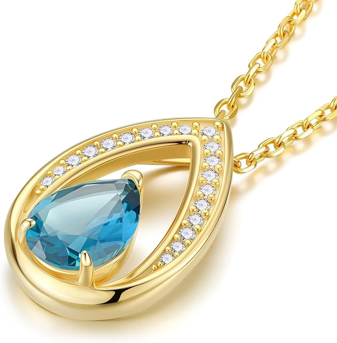 Iefil Valentines Day Gifts for Her - 14K Gold Plated Birthstone Necklace for Women, 925 Sterling Silver Teardrop Necklace, Anniversary Birthday Gifts for Wife Girlfriend Mom